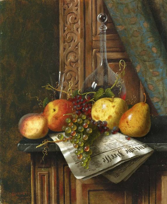 STILL LIFE WITH MUNICH NEWSPAPER FRUIT AND DECANT
