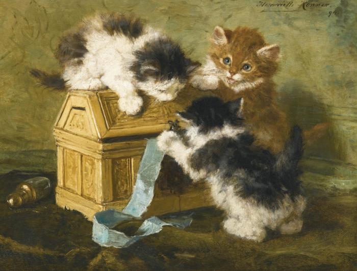 THREE KITTENS WITH A CASKET AND BLUE RIBBON