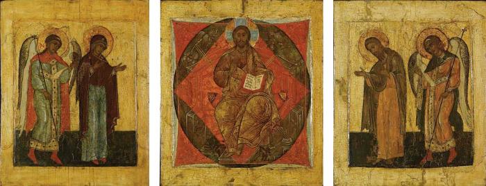 ТРИПИХ ANELS DEPICTING THE DEISIS NORTHERN SCHOOL POSSIBLY VOLOGDA