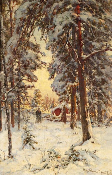 WOOD GATHERER IN A WINTRY FOREST